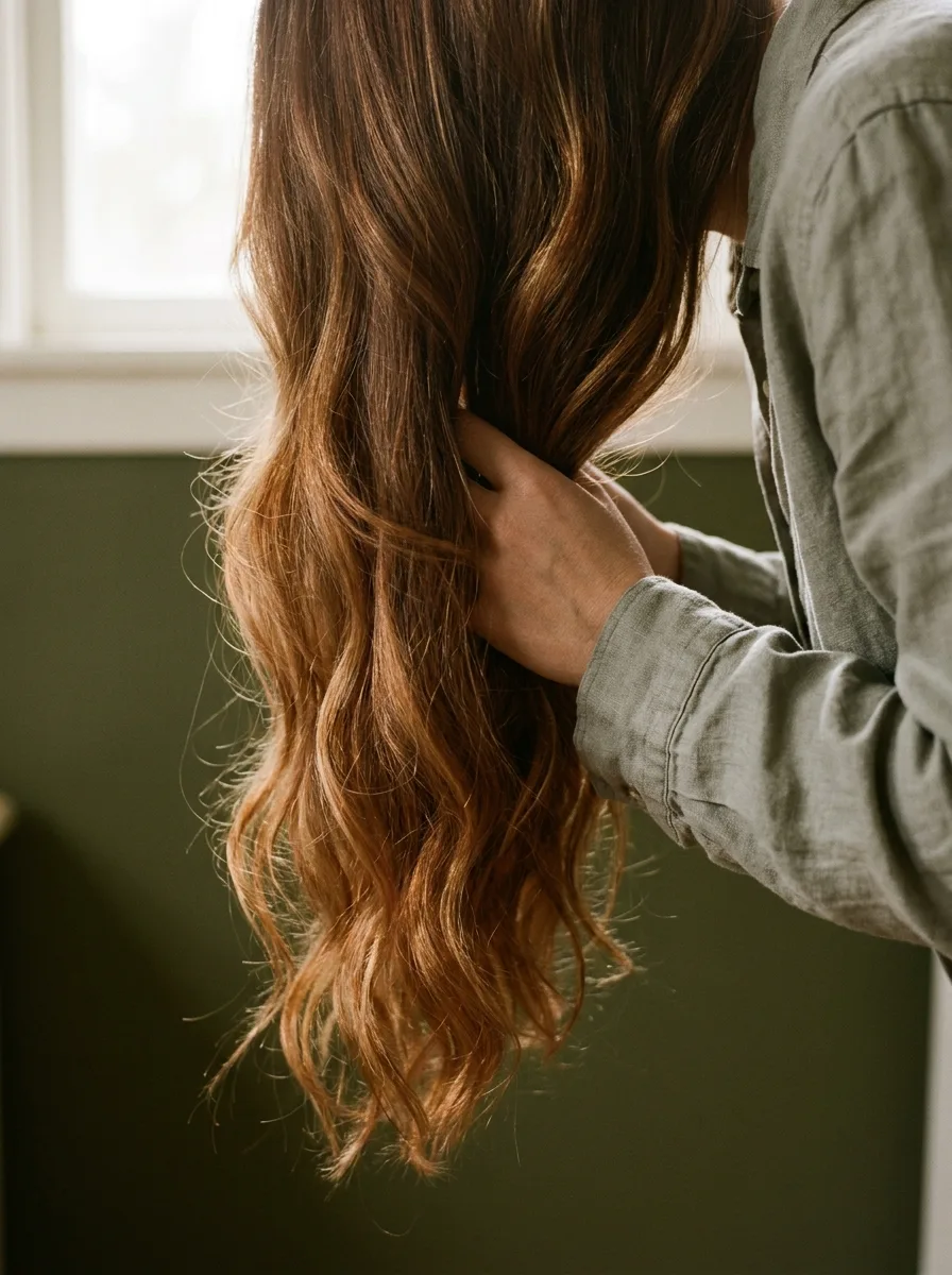Balayage natural en tonos miel-cobre sobre castaño