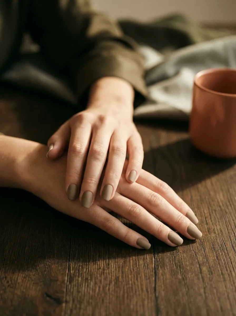 Manicura russian-technique en tono nude-sage mate