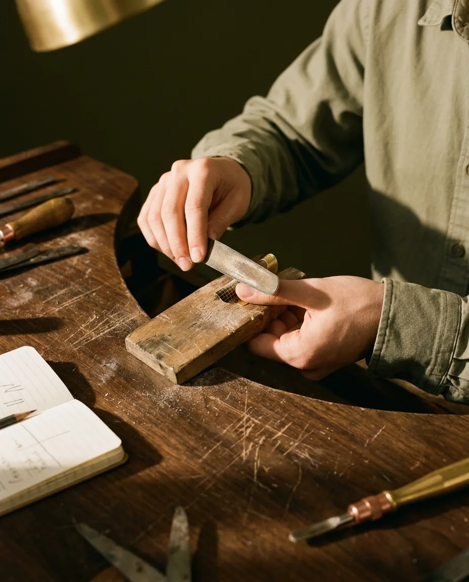 Detalle: manos trabajando, herramienta de manicura sobre mesa de taller