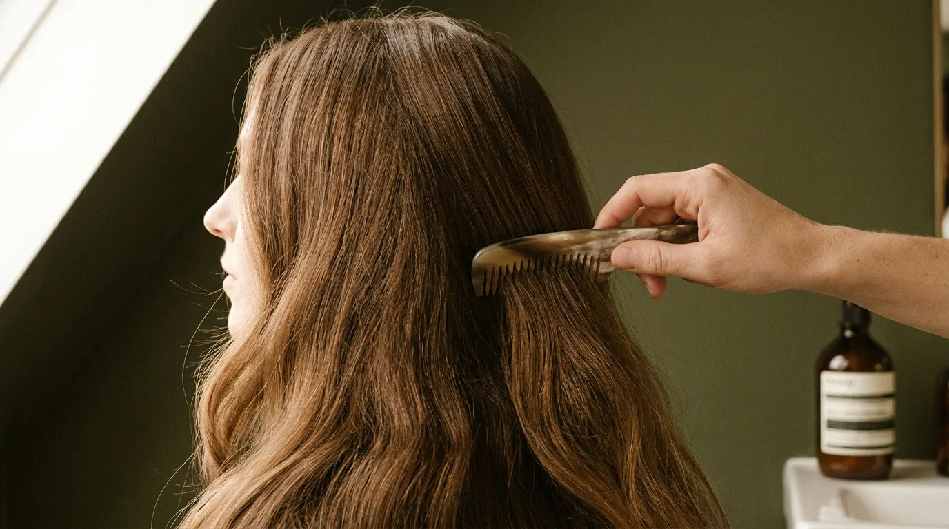Cabello castaño largo siendo peinado por estilista — vuelta al color natural